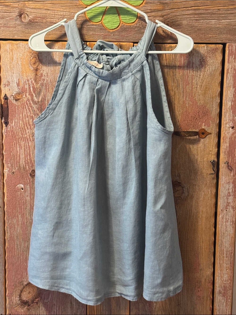 Bellambia Light teal Blue Sleeveless Linen A-line tie neck top size large NWOT